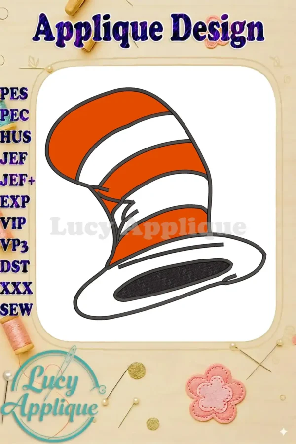 A vibrant Dr. Seuss Cat in the Hat applique embroidery design, featuring iconic red and white stripes.
