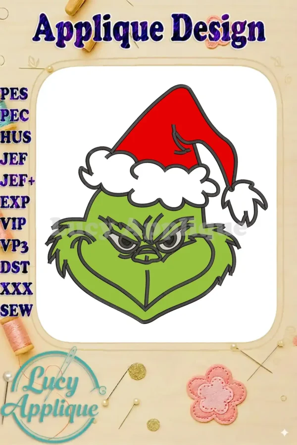 A vibrant Dr. Seuss Grinch face wearing a festive red Santa hat, showcasing detailed appliqué embroidery.