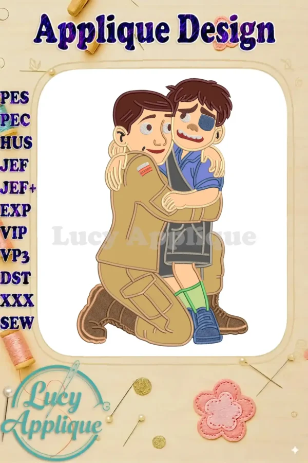 A detailed Elio applique design showing a kneeling adult in military uniform hugging a younger boy with a black eye.