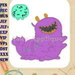 Elio grinning purple monster and green companion applique embroidery designs - Instant Download