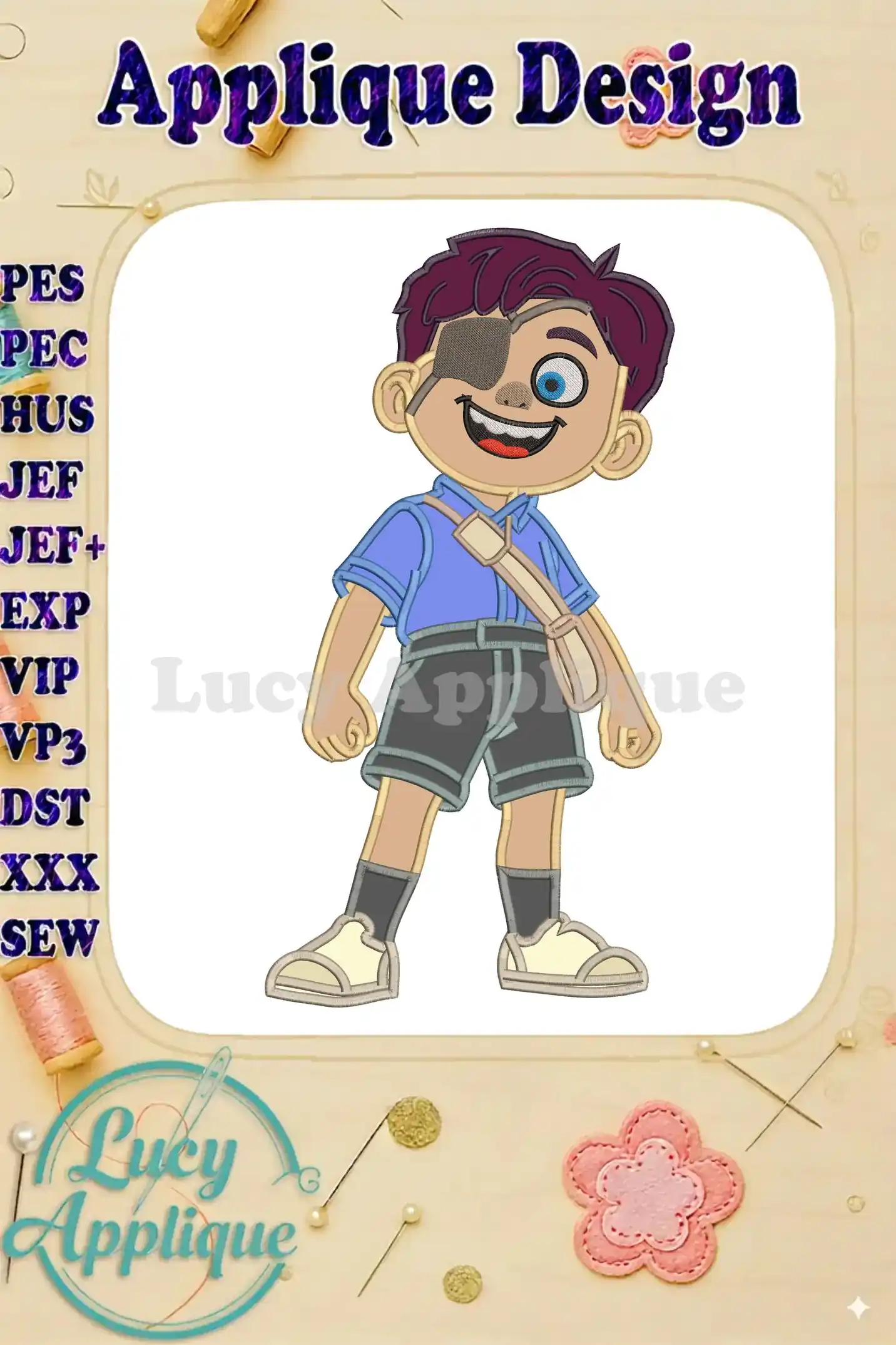 Vibrant Elio applique embroidery design of a cheerful boy with an eye patch, blue shirt, and messenger bag, ready for adventure.