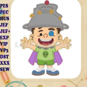Elio, the adorable alien hero, in a vibrant applique embroidery design, featuring a colander hat and cape.