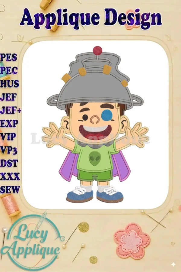 Elio, the adorable alien hero, in a vibrant applique embroidery design, featuring a colander hat and cape.