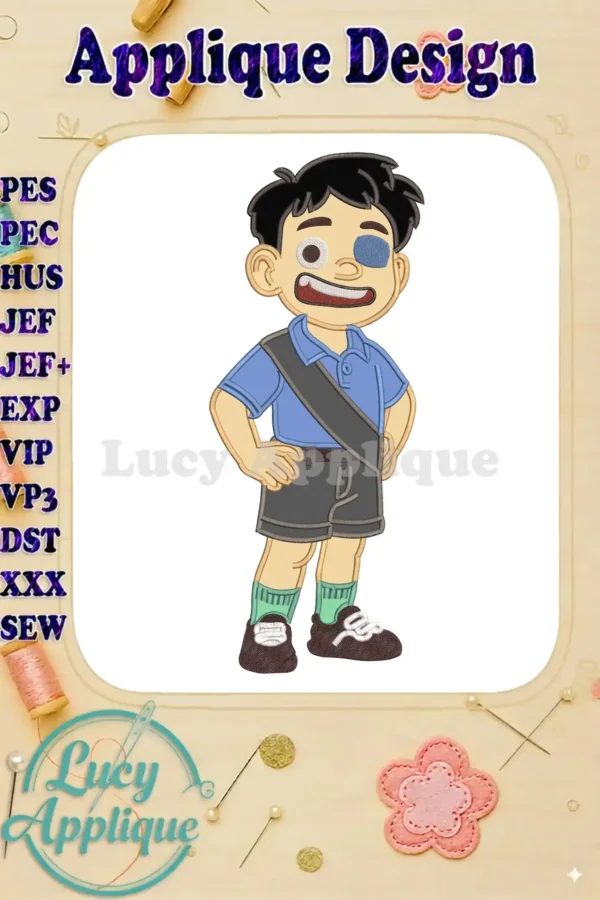 Elio applique embroidery design featuring a charming boy with an eye patch, blue shirt, and grey shorts.
