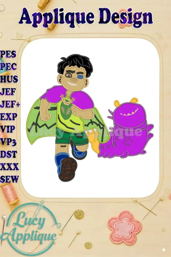 Elio, a boy with an eyepatch and alien shirt, runs with his purple monster friend in this vibrant applique design.