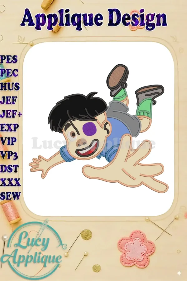 Dynamic Elio applique design featuring a cheerful boy in mid-air, purple eye detail, perfect for playful projects.