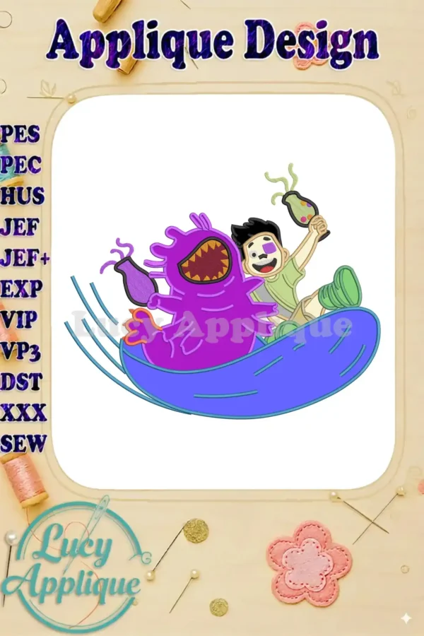 Dynamic 'Elio' Applique design featuring a cheerful boy and a whimsical purple monster on a thrilling blue ride.