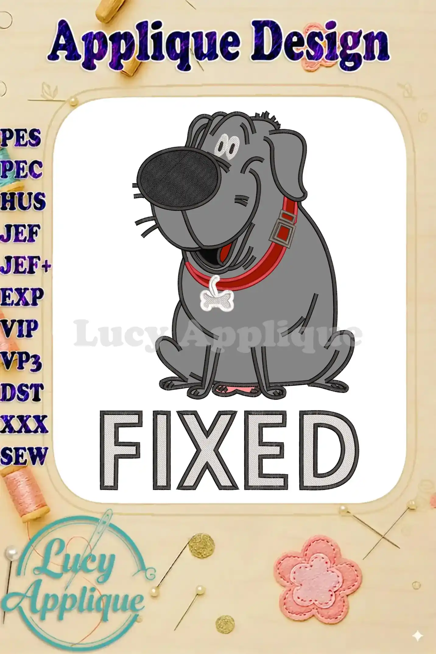 Charming applique embroidery design featuring a happy gray dog with a red collar, bone tag, and 'FIXED' text.