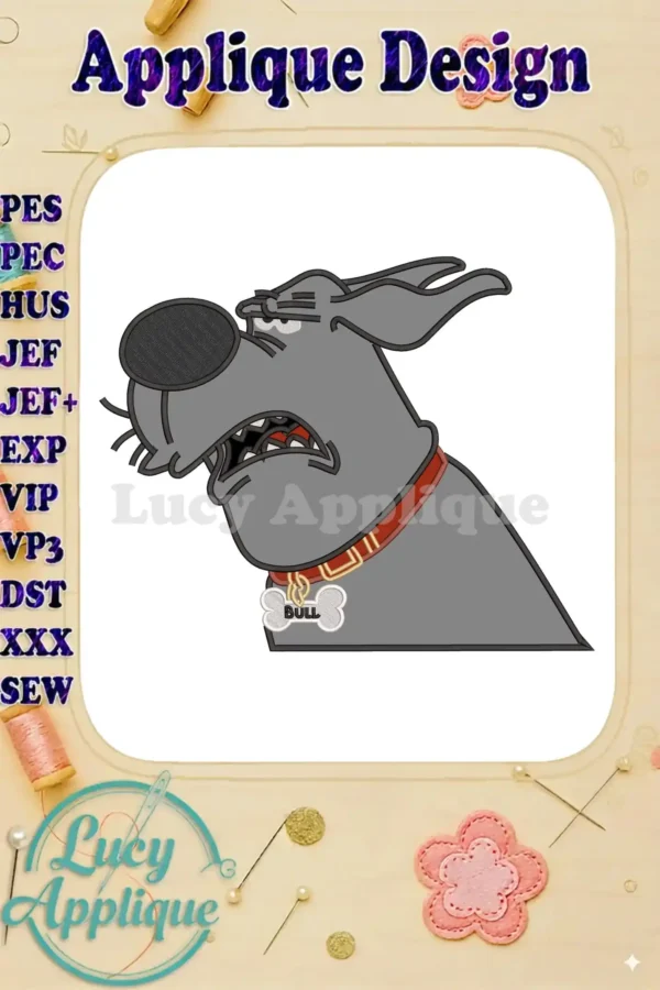 Detailed applique embroidery of Bull, the grumpy grey dog, with a red collar and a bone tag.
