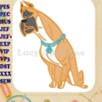 Tan Fixed Boxer Dog Applique Embroidery Designs with Blue Chain Collar - Instant Download