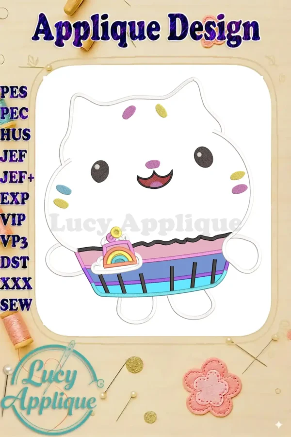 Gabby's Dollhouse Cakey Cat applique embroidery design, a sweet cupcake cat with sprinkles and a rainbow.