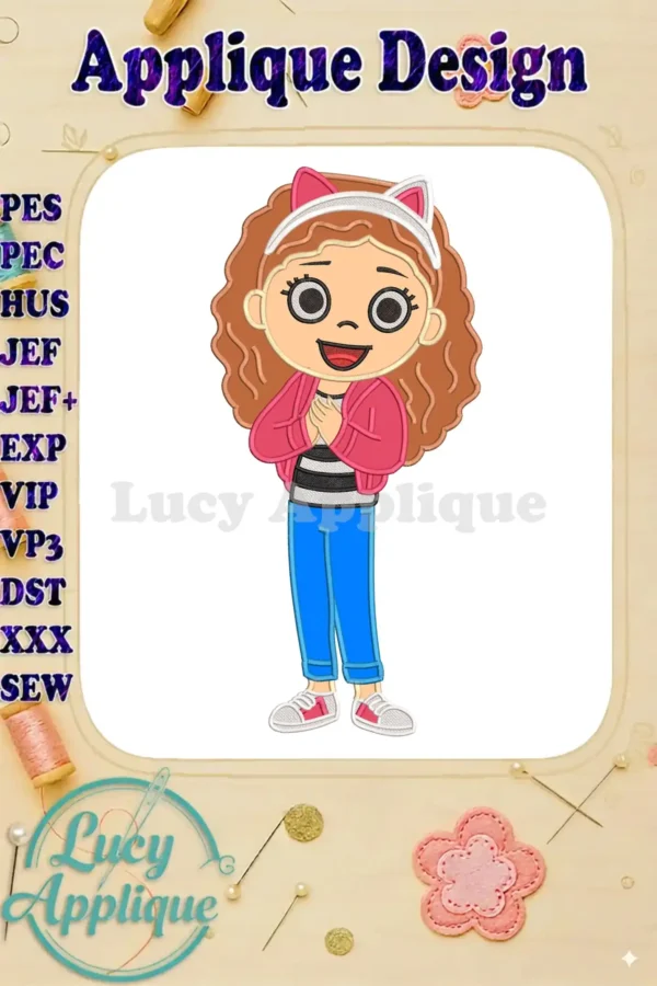 Joyful Gabby applique design from Gabby’s Dollhouse The Movie, featuring her iconic pink jacket and cat ears. A must-have for fans!