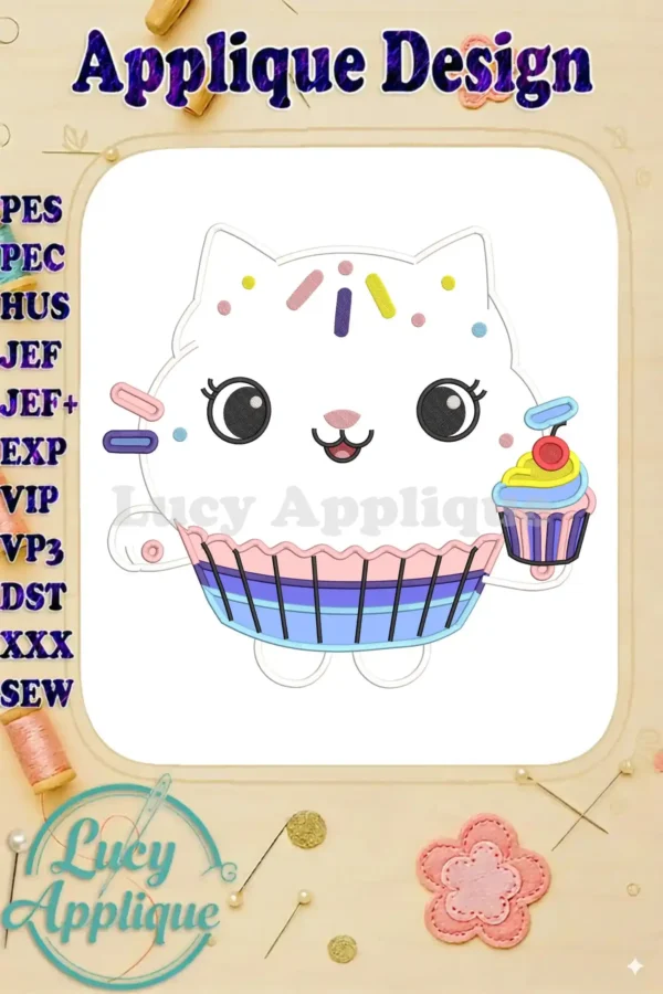A vibrant Cakey Cat applique design holding a cupcake, featuring colorful sprinkles and a sweet expression.
