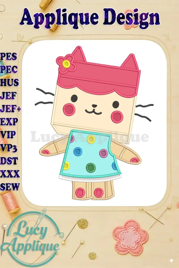 Pandy Paws gift box applique design from Gabby's Dollhouse The Movie, featuring vibrant colors and detailed stitching.