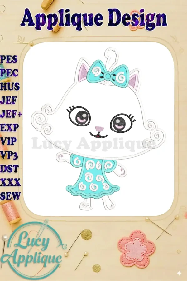 Adorable Pandy Paws applique embroidery design from Gabby's Dollhouse, featuring a white cat in a blue dress.