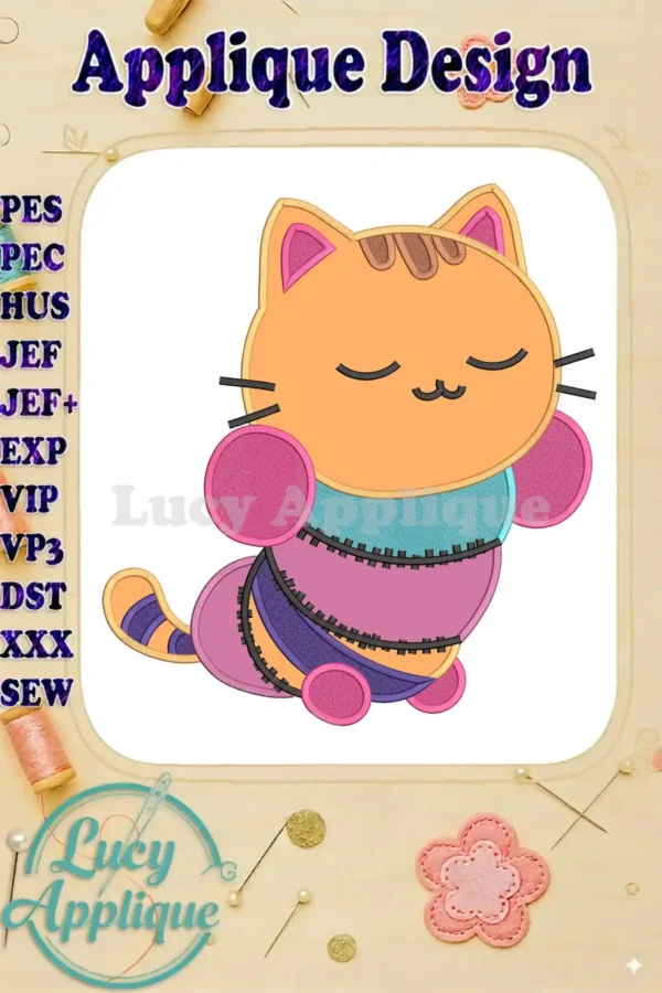 Vibrant applique embroidery of Pillow Cat from Gabby's Dollhouse, featuring a cozy, stitched look and bright colors.