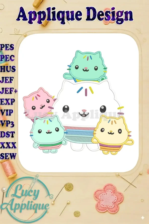 Delightful Cakey Cat applique from Gabby's Dollhouse, surrounded by adorable sprinkle cat figures. Vibrant and fun for kids.