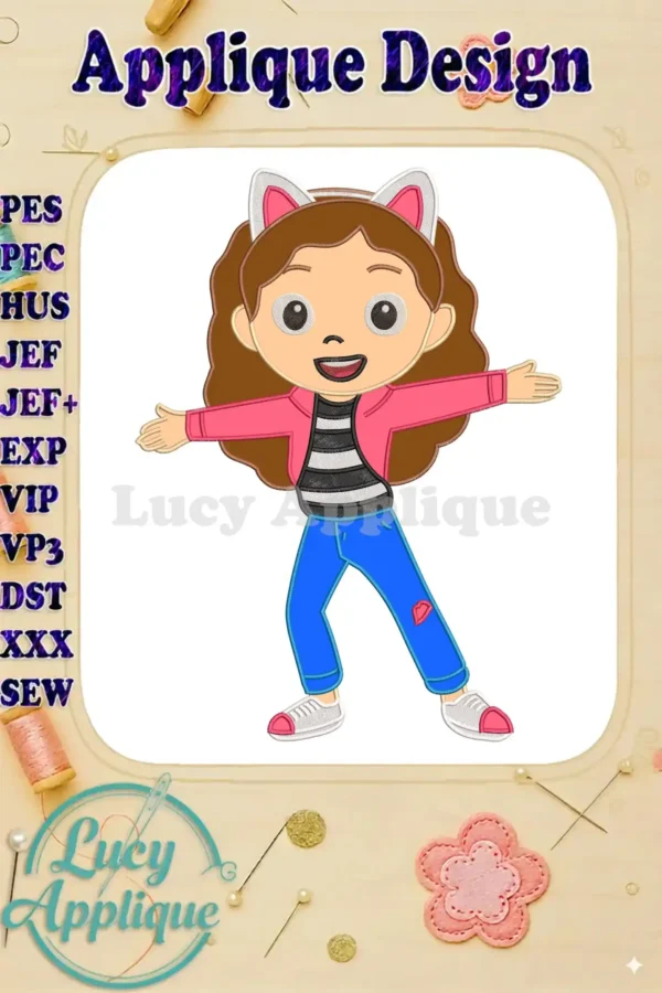 Gabby from Gabby's Dollhouse applique design, smiling broadly with arms outstretched, wearing cat ears, a pink jacket, and blue jeans.