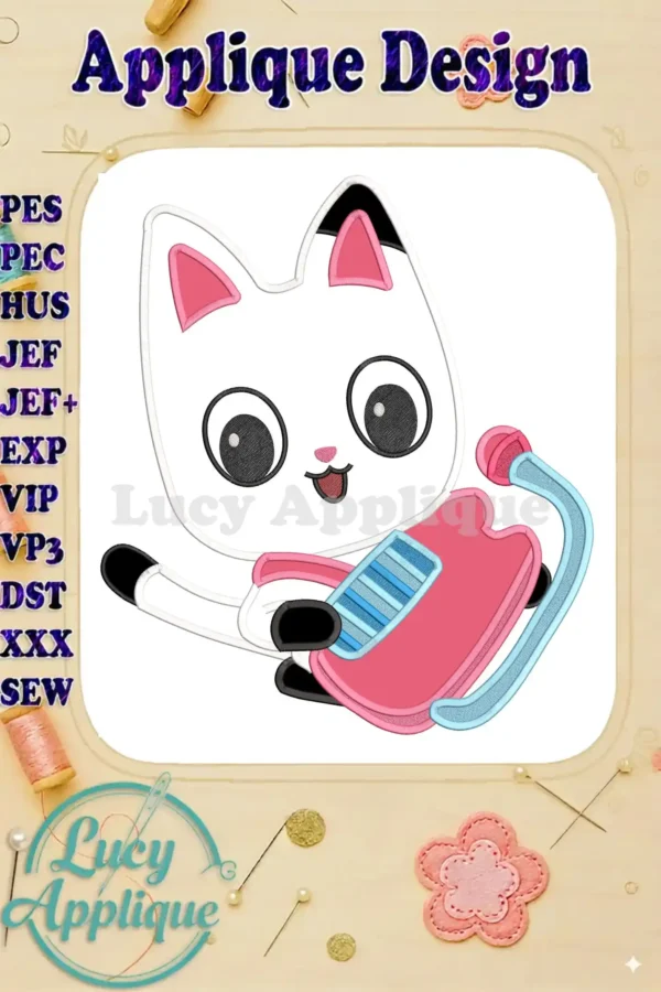 Pandy Paws applique design from Gabby's Dollhouse The Movie, a cheerful cat-like character holding a pink toy.