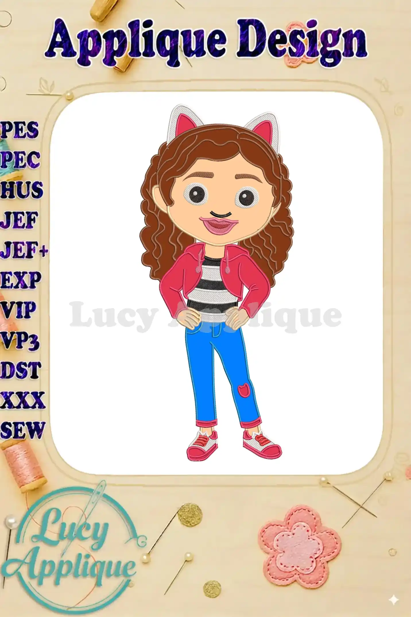 Gabby from Gabby's Dollhouse The Movie applique design, featuring brown curly hair, cat ears, and a pink jacket.