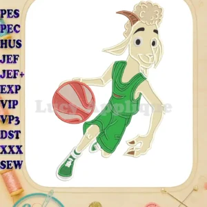 Vibrant Applique Goat Basketball design featuring a cartoon goat dribbling in a green uniform.