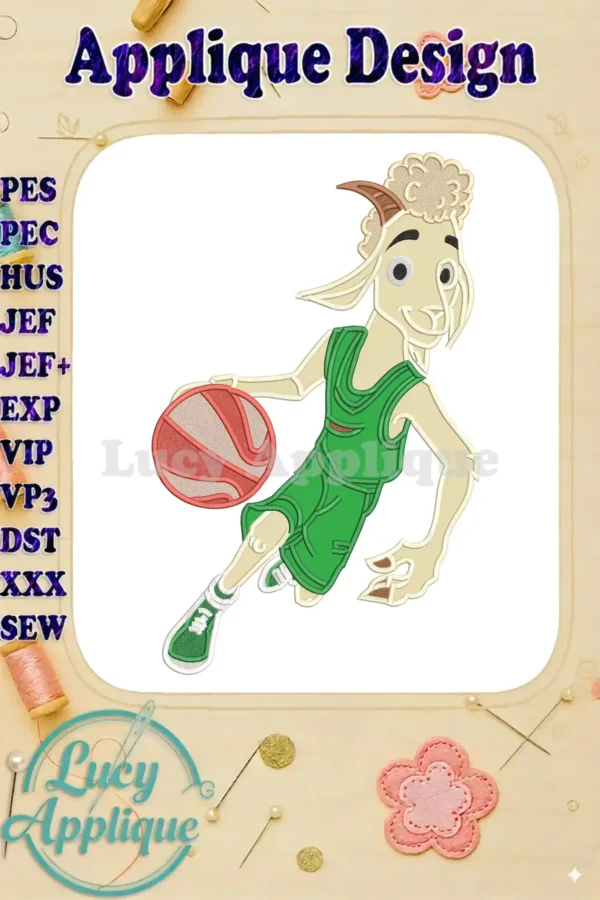 Vibrant Applique Goat Basketball design featuring a cartoon goat dribbling in a green uniform.