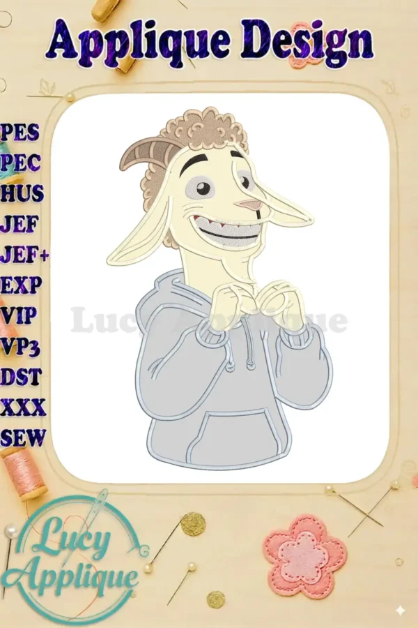 A vibrant appliqué design of a cartoon goat with horns and curly fur, wearing a grey hoodie and a wide, friendly smile.