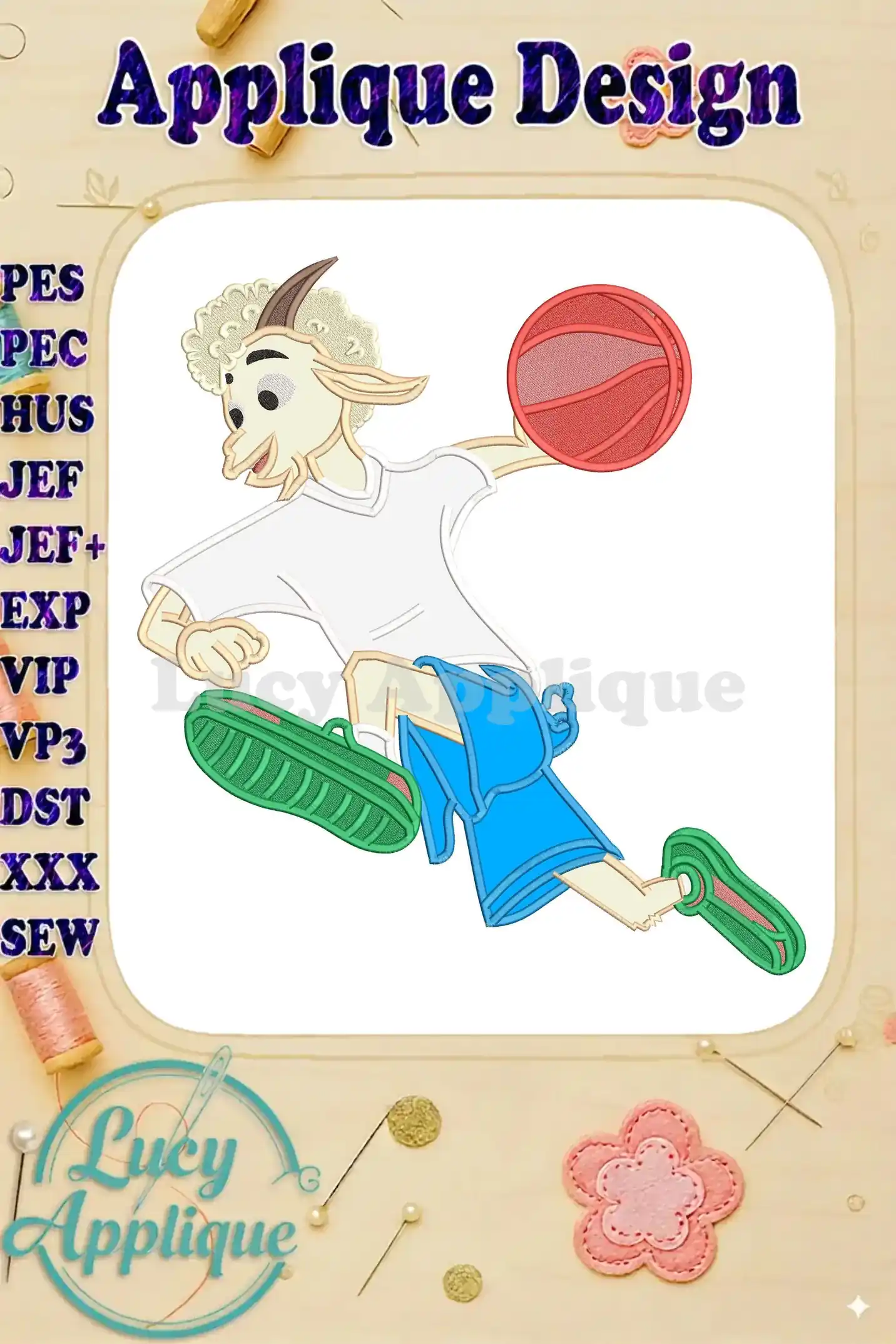Dynamic applique design of a cartoon goat playing basketball, perfect for adding sporty charm to any project.