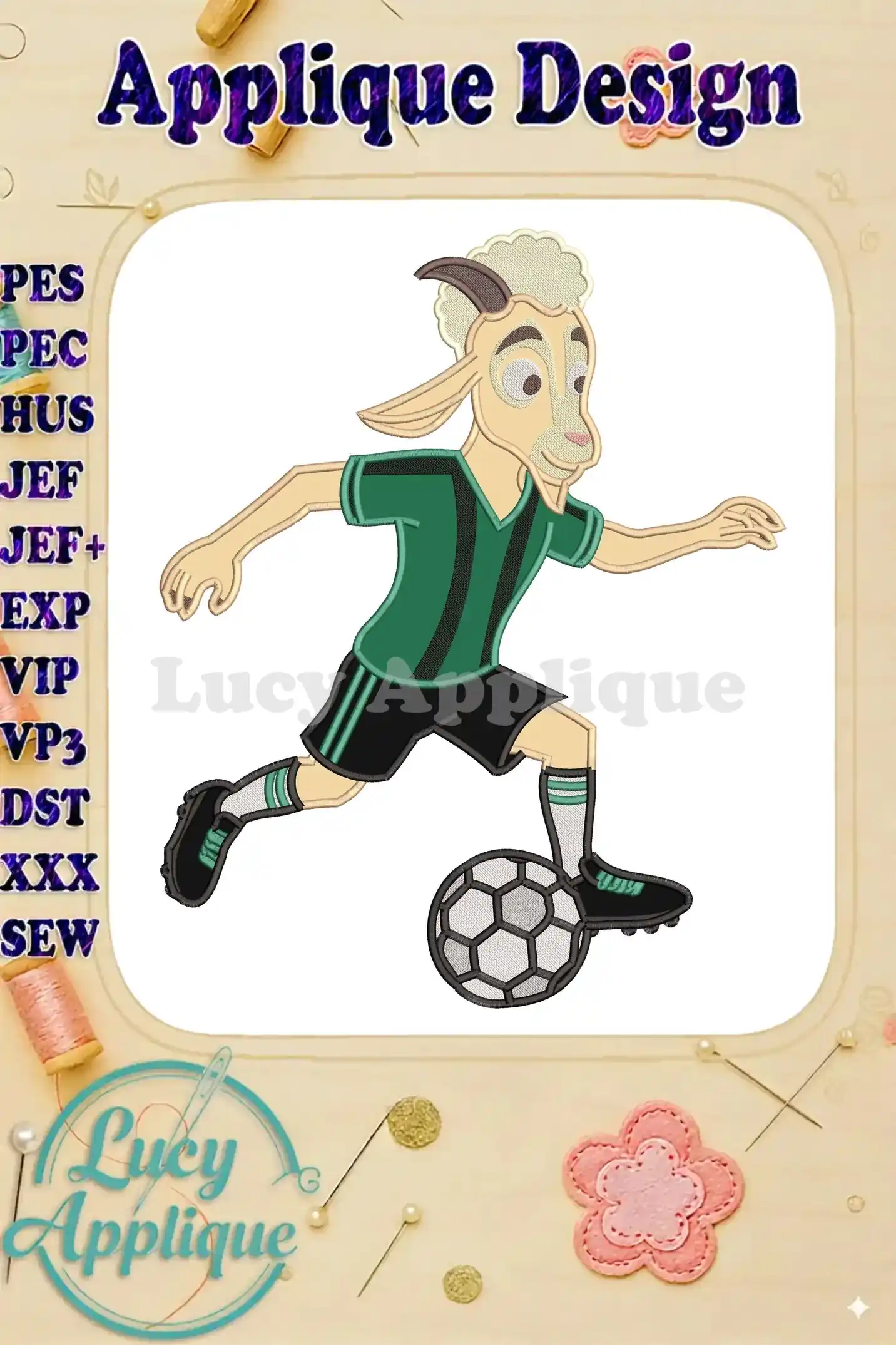 A dynamic applique embroidery design featuring a cartoon goat in a green soccer uniform, dribbling a ball.