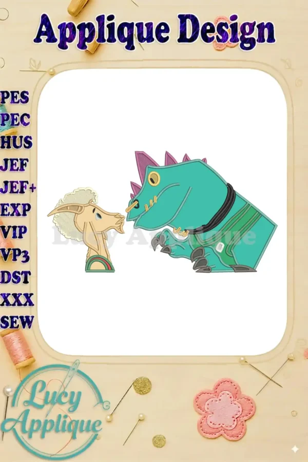 Charming applique embroidery featuring a friendly tan goat with a fluffy mane meeting a teal dinosaur with purple spikes.