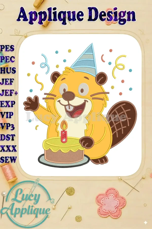 A joyful Hoppers applique of a brown beaver in a party hat, holding a birthday cake with a candle, surrounded by confetti.