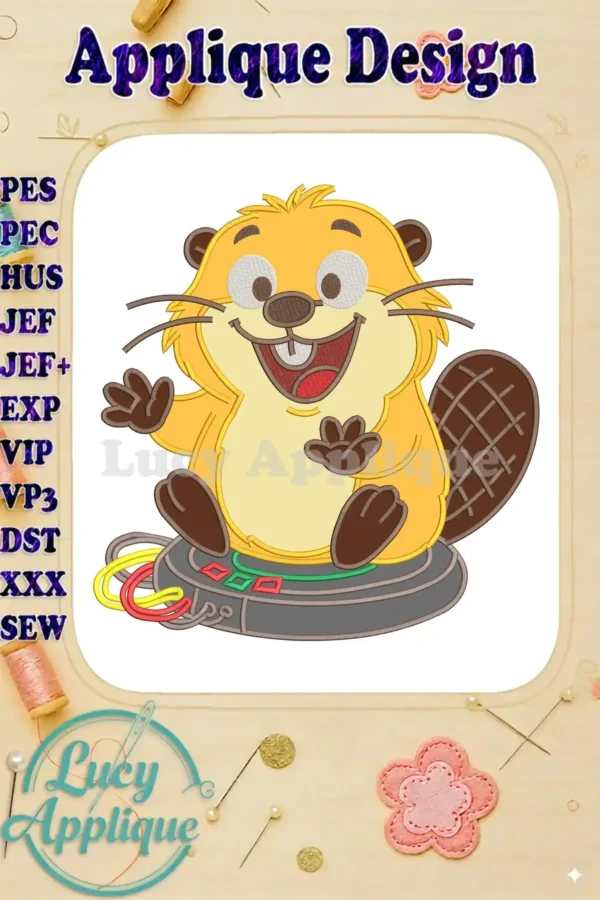 A cheerful applique beaver character, vibrant and detailed, sitting on a futuristic device with colorful wires, perfect for kids' items.