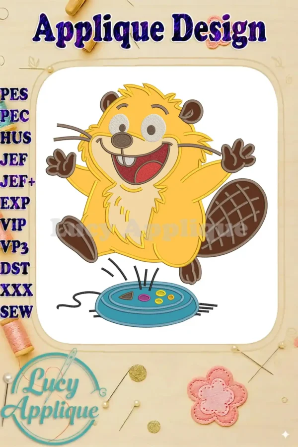 A cheerful applique beaver design from the Hoppers collection, joyfully jumping on a control console. Vibrant and detailed.