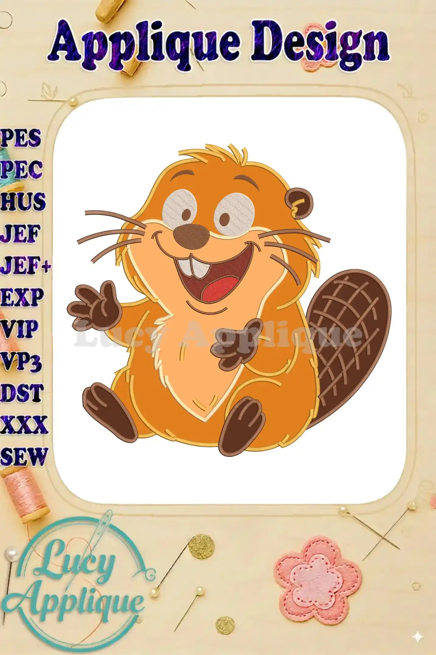 A vibrant applique embroidery design featuring a cheerful cartoon beaver, smiling and waving, ideal for children's items.