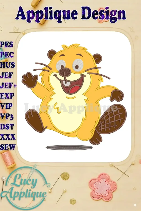 A delightful Hoppers applique featuring a cheerful, jumping beaver with detailed fur texture and a big smile.