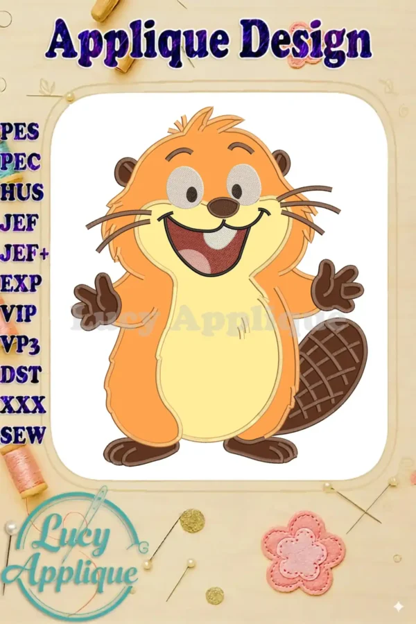 A vibrant applique embroidery design featuring a cheerful, cartoon-style beaver with a wide smile and outstretched arms.