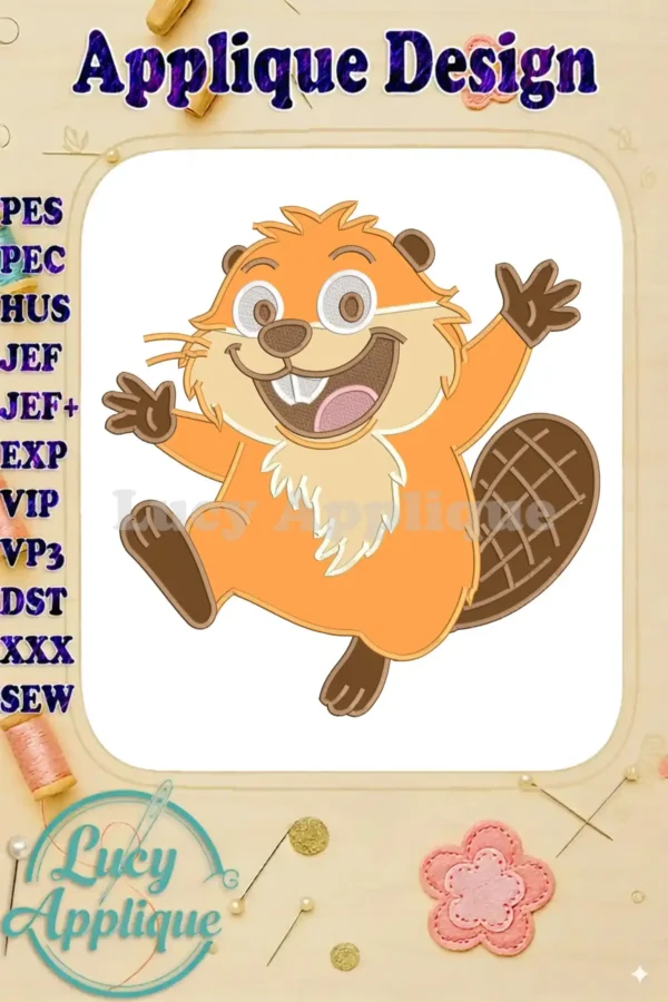 Vibrant applique design featuring a cheerful orange beaver, part of the 'Hoppers' collection, with a wide smile and splayed limbs, ready to adorn any project.