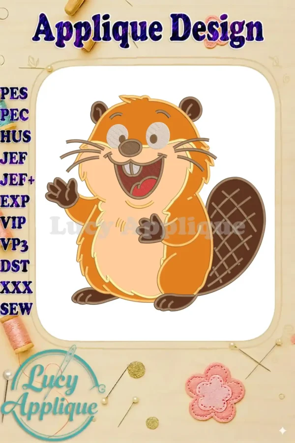 A vibrant applique embroidery design featuring a happy cartoon beaver, waving with a wide, friendly smile.