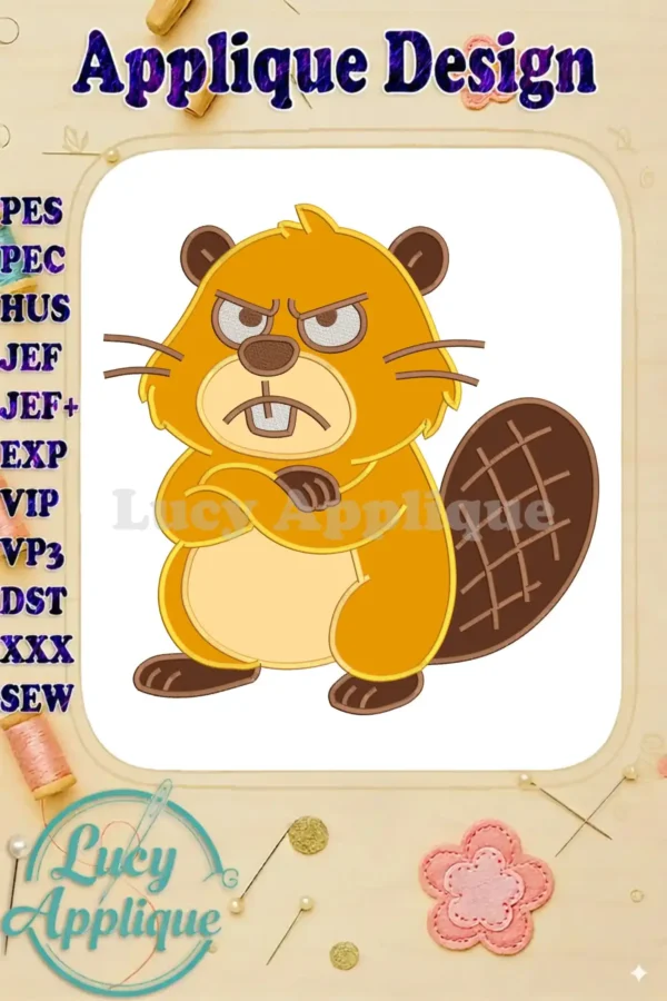 Vibrant applique design of an angry cartoon beaver with crossed arms, showcasing detailed Hoppers category stitching.