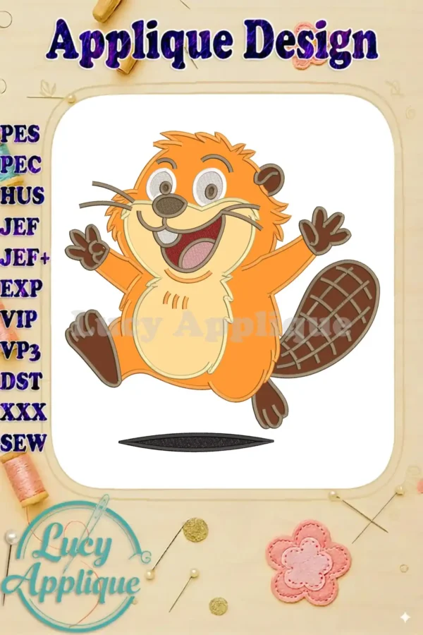 A vibrant applique design of a cheerful, cartoon beaver leaping with joy, featuring expressive eyes and big teeth.
