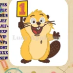 Hoppers beaver character holding number one sign applique embroidery designs - Instant Download