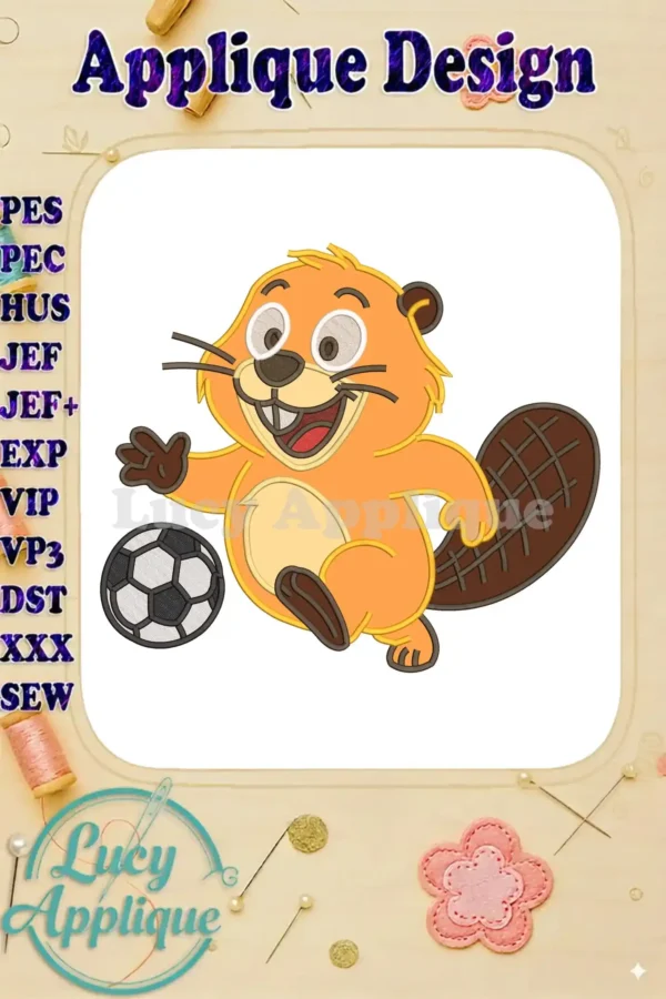Vibrant applique design of a cheerful orange beaver, part of the 'Hoppers' collection, enthusiastically playing soccer.
