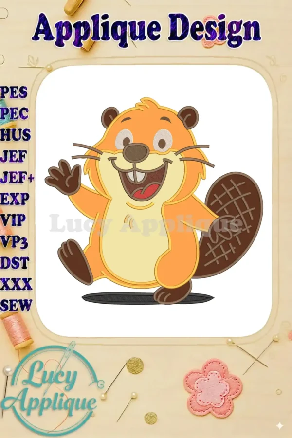 A vibrant Hoppers applique beaver design, featuring a cheerful, waving cartoon beaver with a large tail.