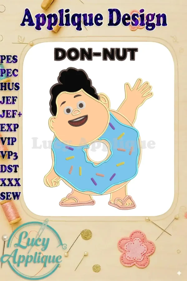 Jumbo Don-Nut applique embroidery design featuring a cheerful character with a blue frosted donut body.