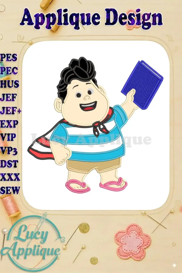Jumbo Applique Melvin Sneedly embroidery design featuring a cheerful boy in a cape holding a blue book, ready for adventure.