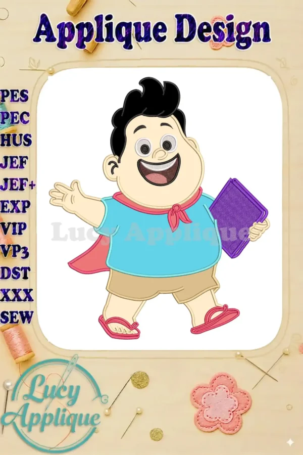 A vibrant Jumbo Applique embroidery design of a cheerful boy with a red cape, blue shirt, and purple book, smiling brightly.