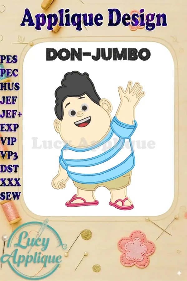 A cheerful Don-Jumbo applique embroidery, a jumbo design featuring a boy waving in a striped shirt.