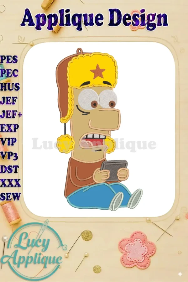 A Masameer Junior Ghandour applique embroidery design, featuring the character in a fur hat, holding a tablet.