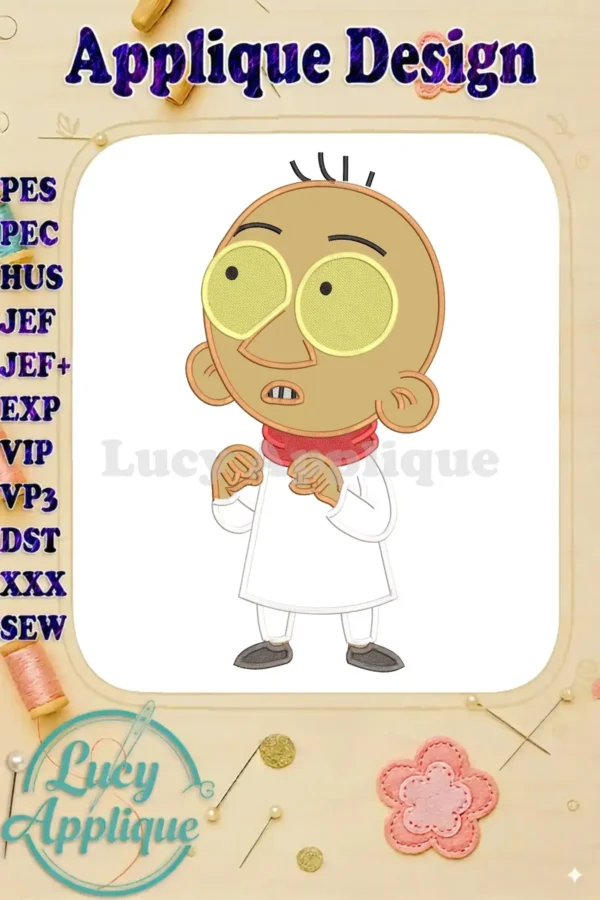 Full-body applique embroidery of Masameer Junior's Kassab, featuring his distinctive yellow eyes and red scarf.