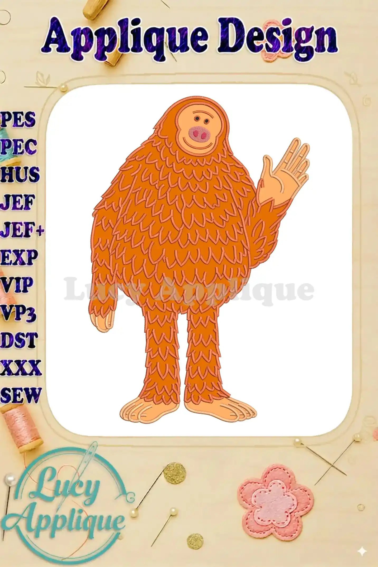 Full-body applique embroidery design of an orange, furry, ape-like 'Missing Link' character waving hello.